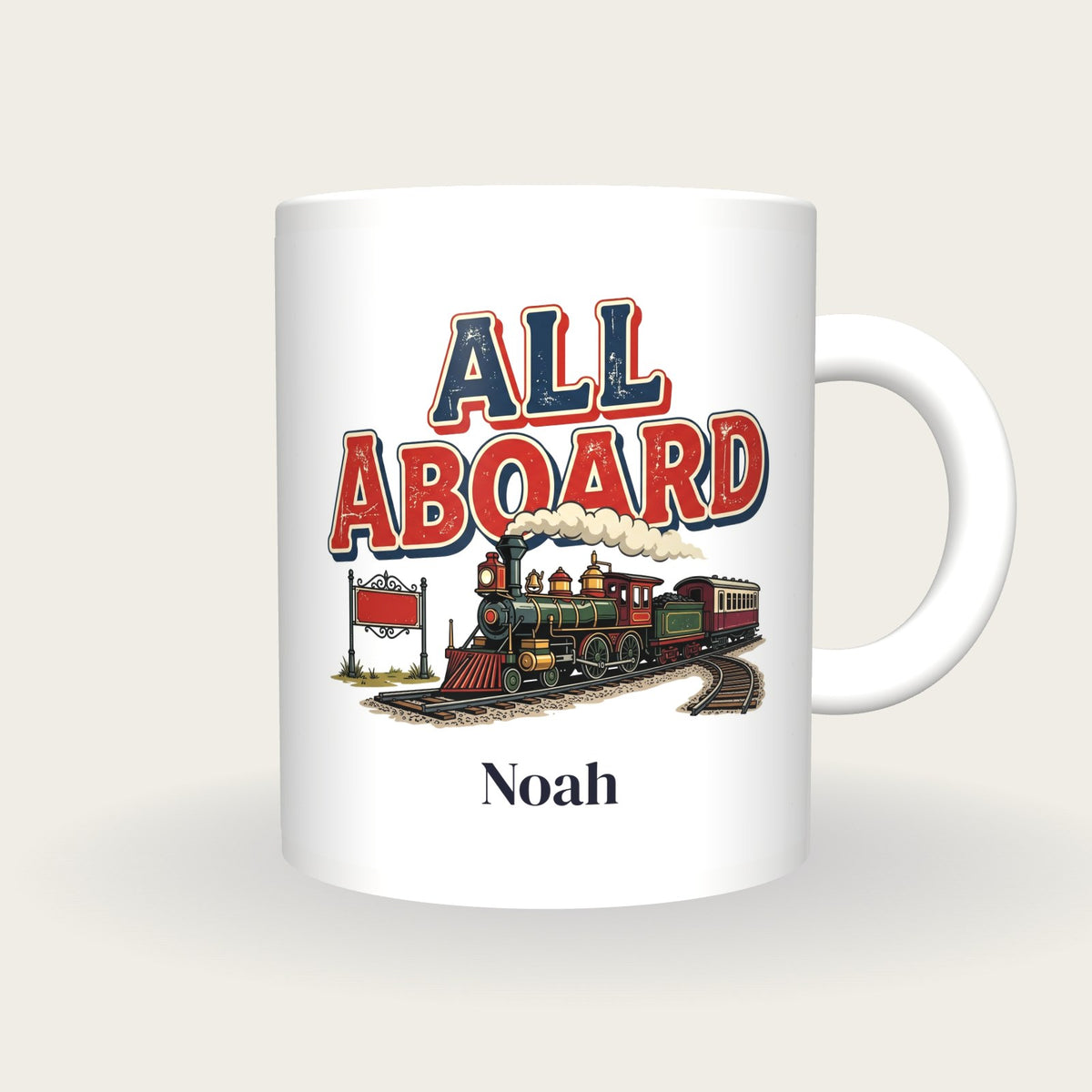 Personalised All Aboard Train Mug, front