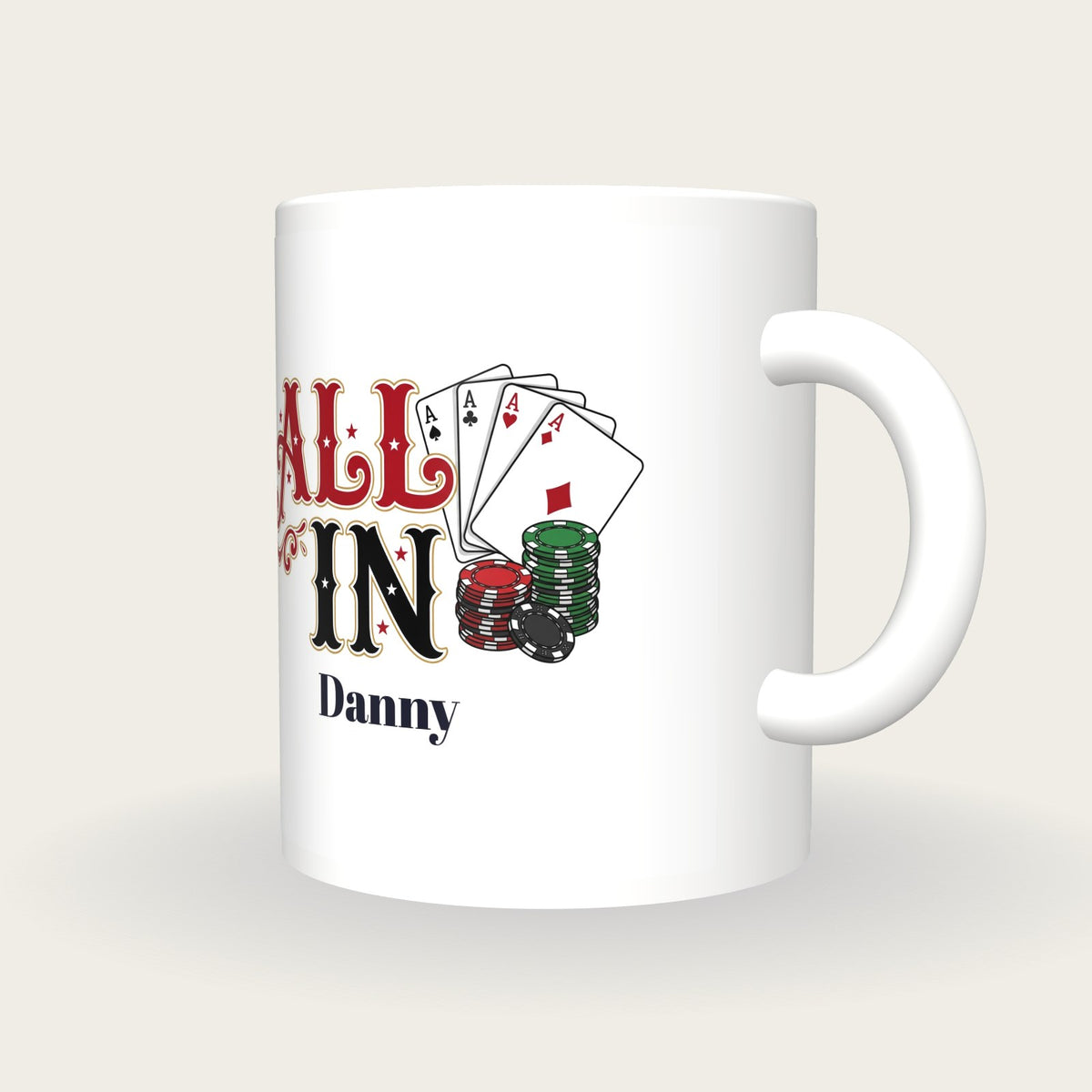 Personalised All In Poker Mug, three-quarter view