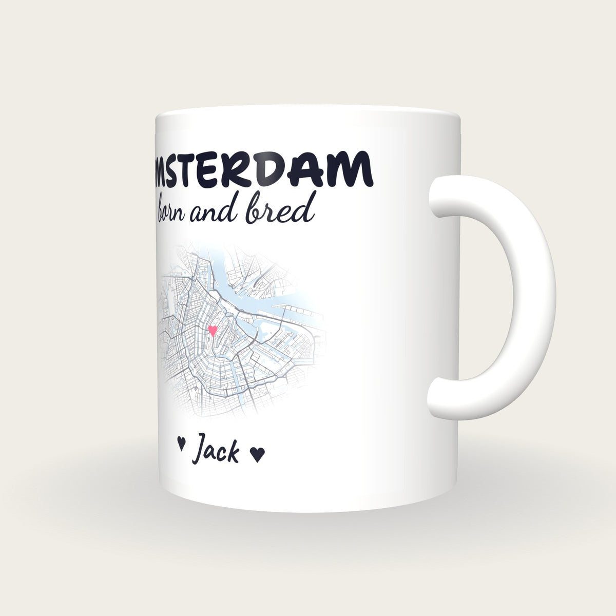 Personalised Amsterdam Map Mug, Amsterdam Born And Bred, three-quarter view