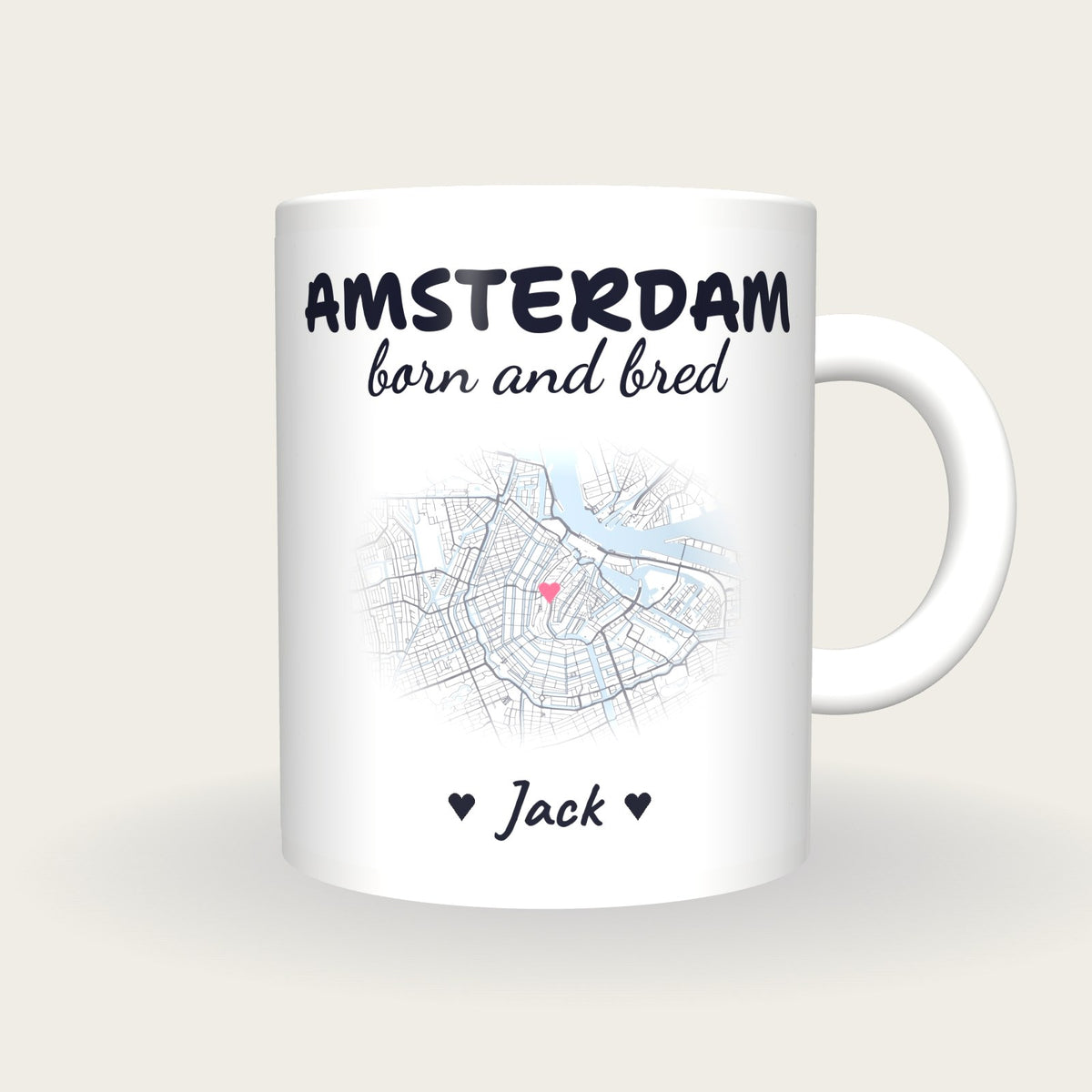 Personalised Amsterdam Map Mug, Amsterdam Born And Bred, front