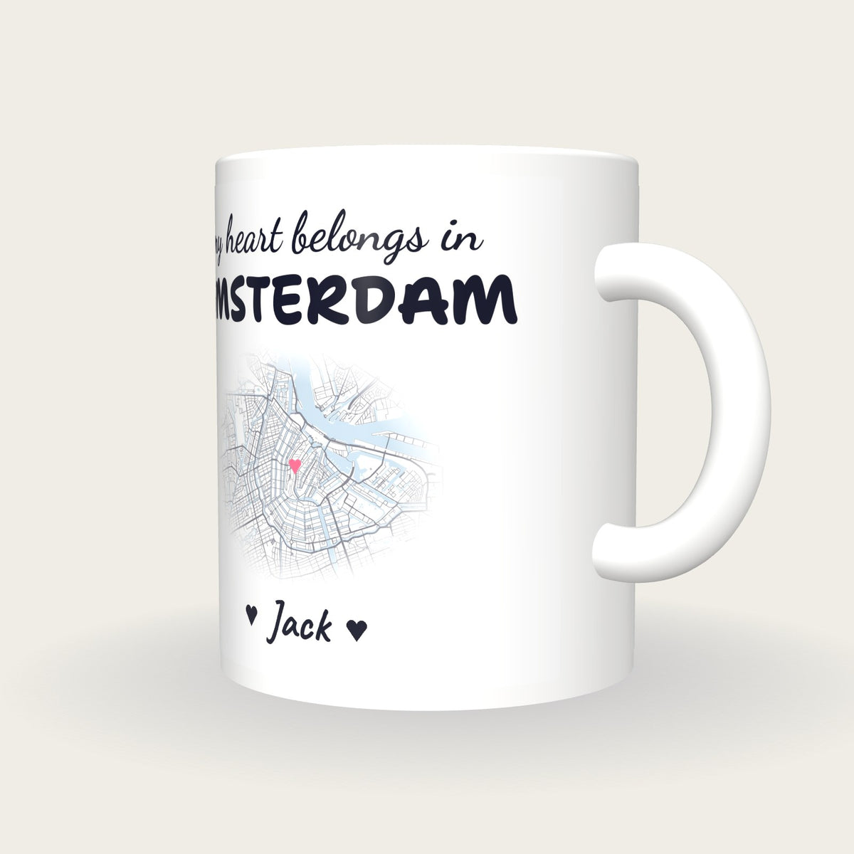 Personalised Amsterdam Map Mug, My Heart Belongs In Amsterdam, three-quarter view