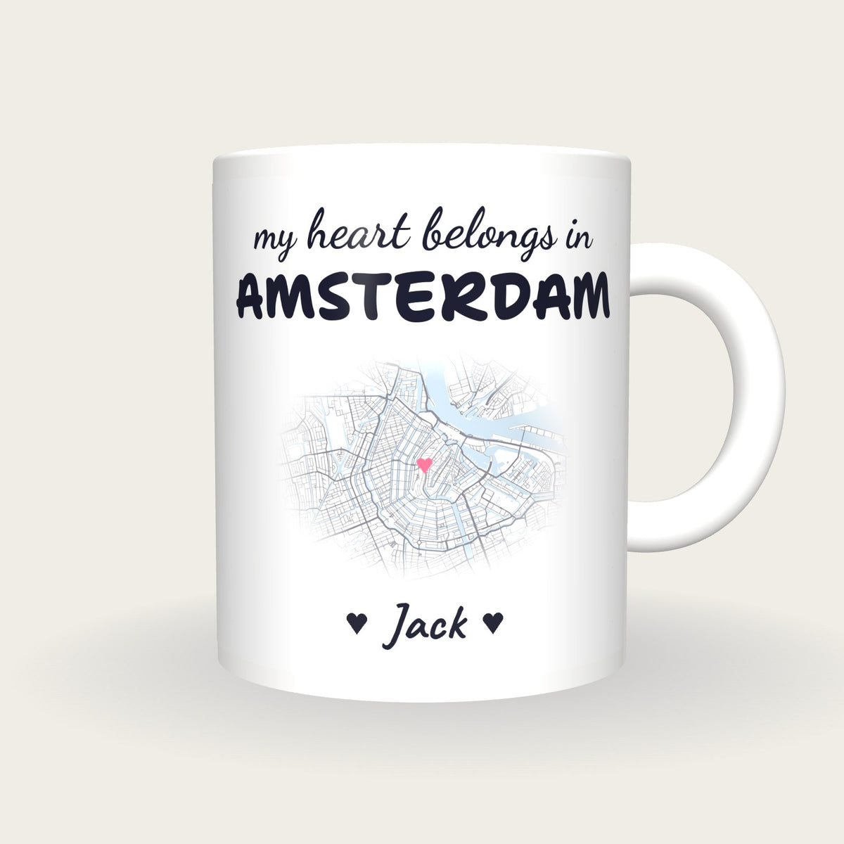 Personalised Amsterdam Map Mug, My Heart Belongs In Amsterdam, front