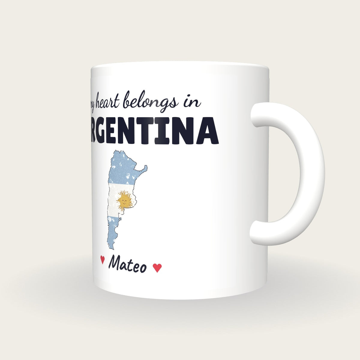 Personalised Argentina Map Mug, My Heart Belongs In Argentina, three-quarter view
