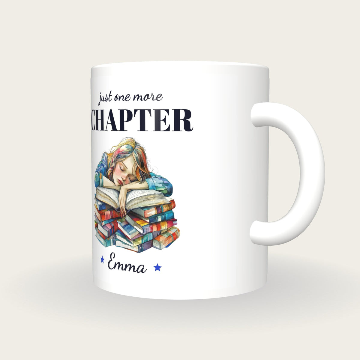 Personalised Asleep On A Good Book Mug, Just One More Chapter, three-quarter view