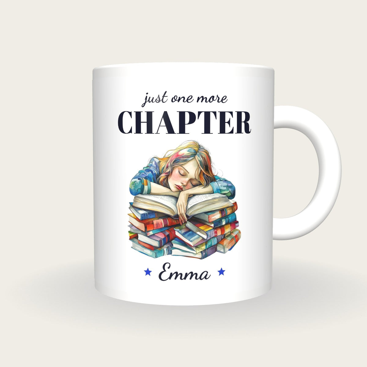 Personalised Asleep On A Good Book Mug, Just One More Chapter, front
