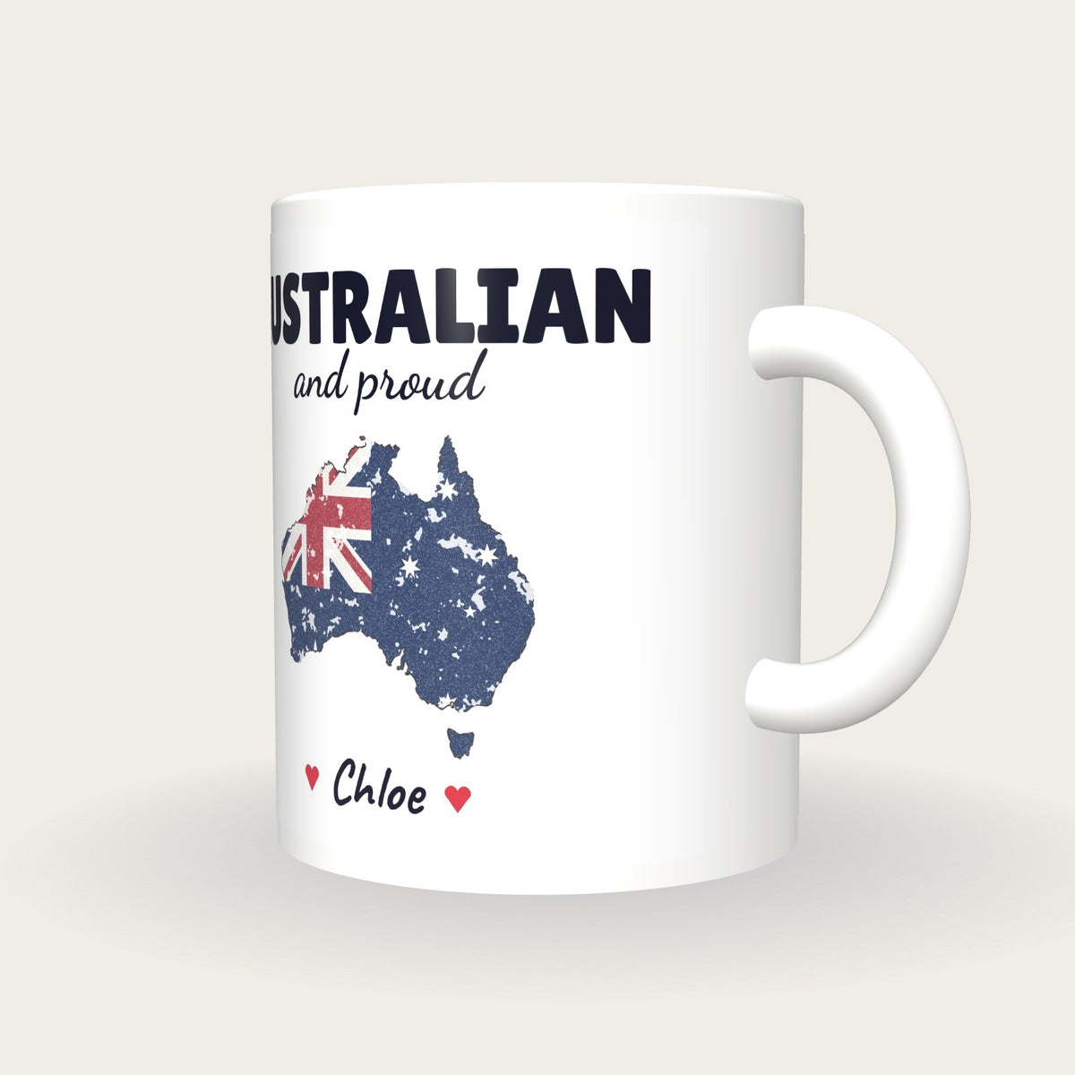 Personalised Australia Map Mug, Australian And Proud, three-quarter view