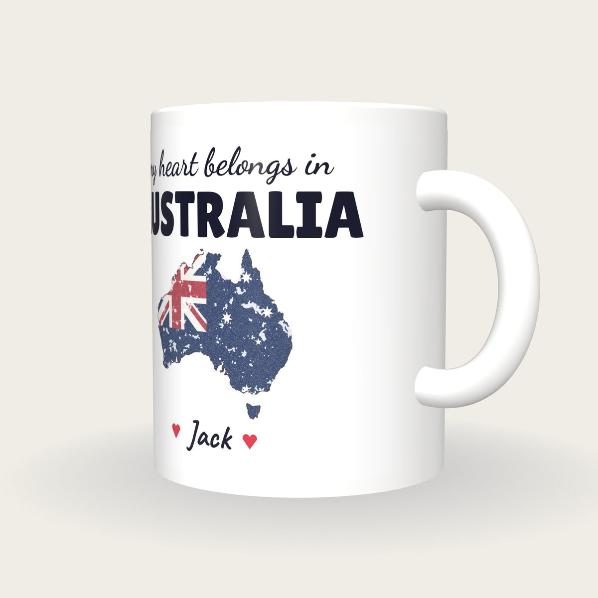 Personalised Australia Map Mug, My Heart Belongs In Australia, three-quarter view