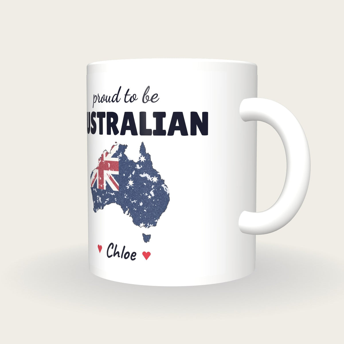 Personalised Australia Map Mug, Proud To Be Australian, three-quarter view