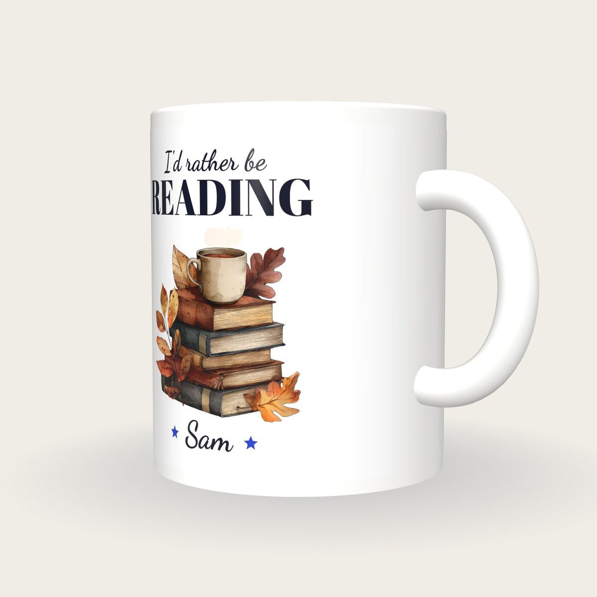 Personalised Autumn Books And Tea Mug, I'd Rather Be Reading, three-quarter view