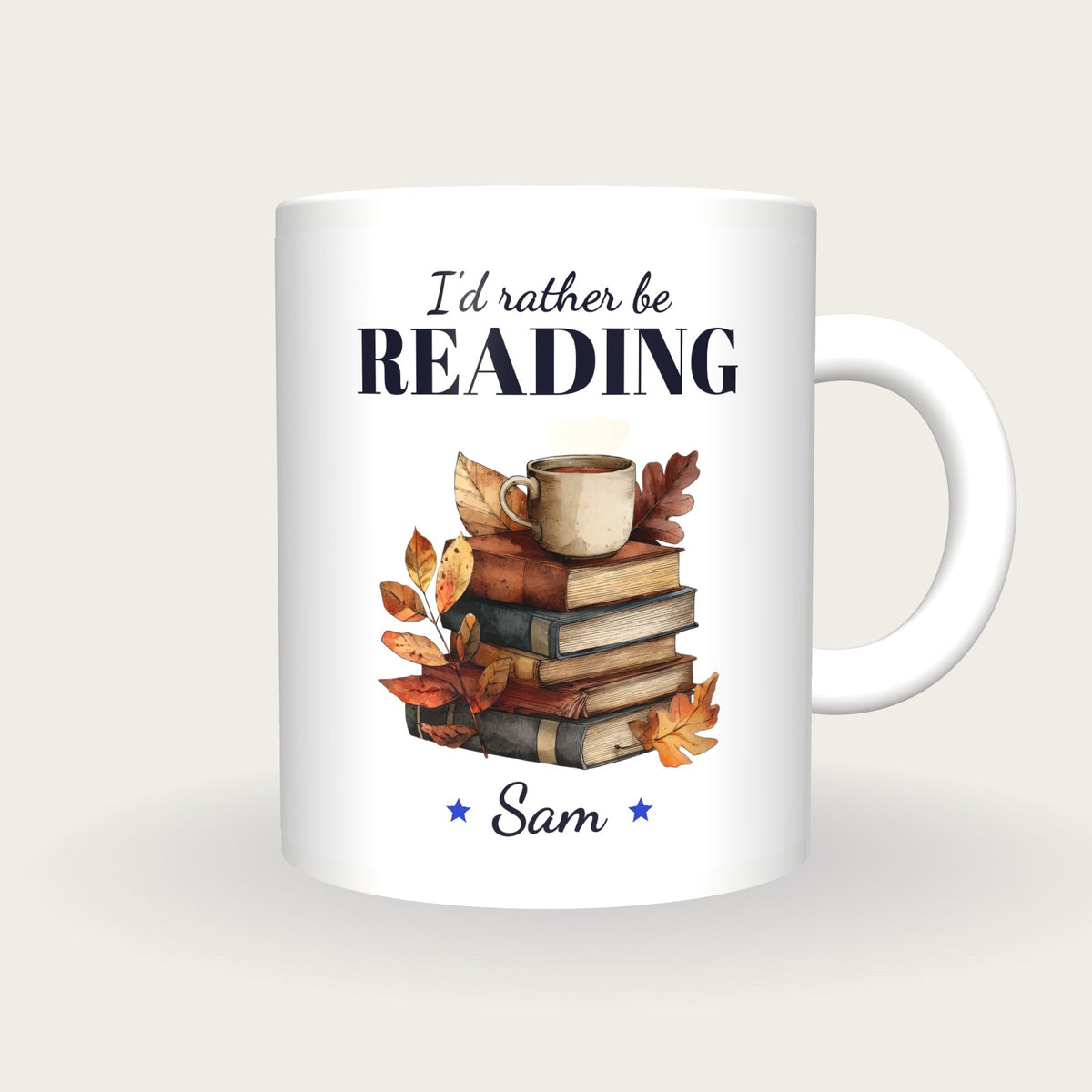 Personalised Autumn Books And Tea Mug, I'd Rather Be Reading, front