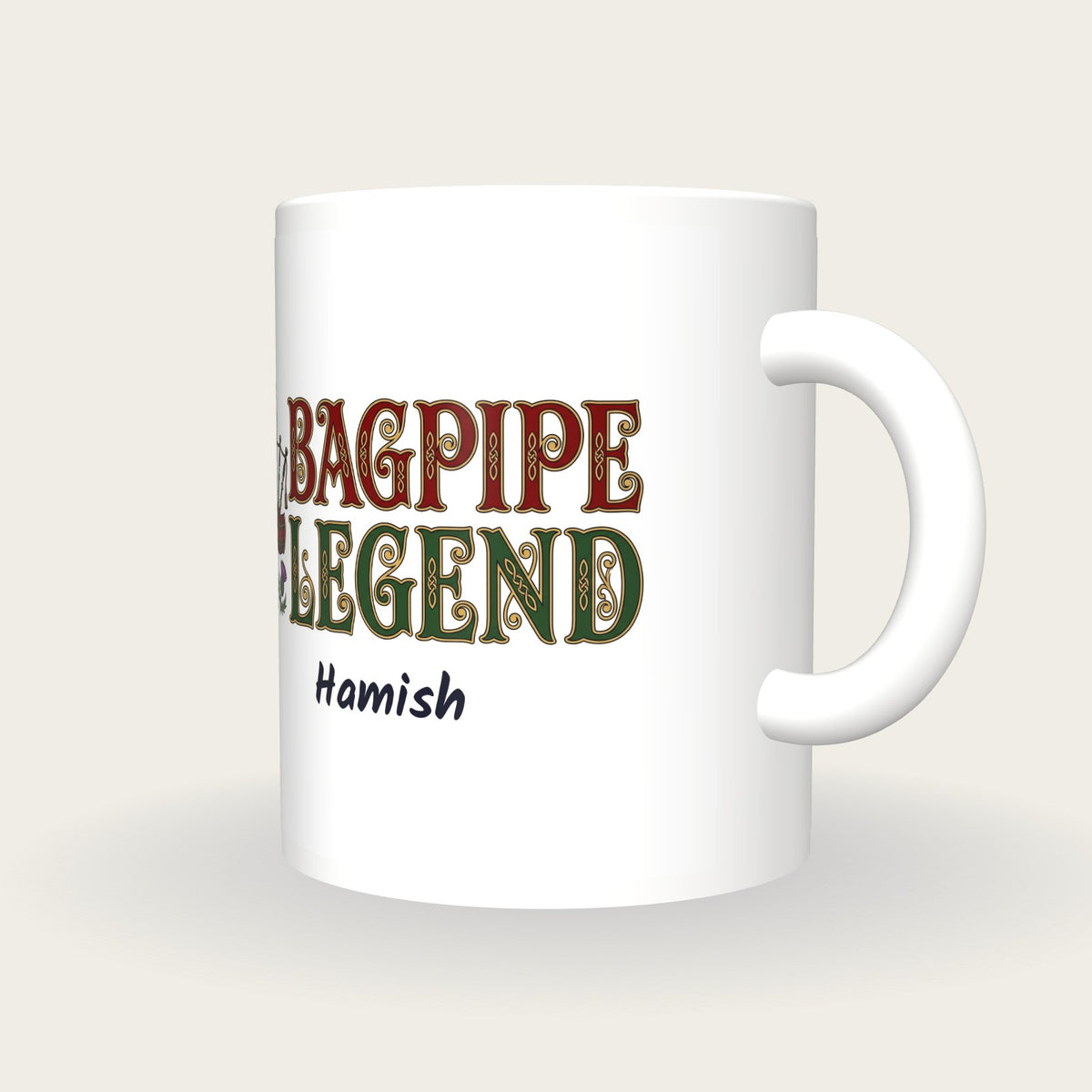 Personalised Bagpipe Legend Mug, three-quarter view