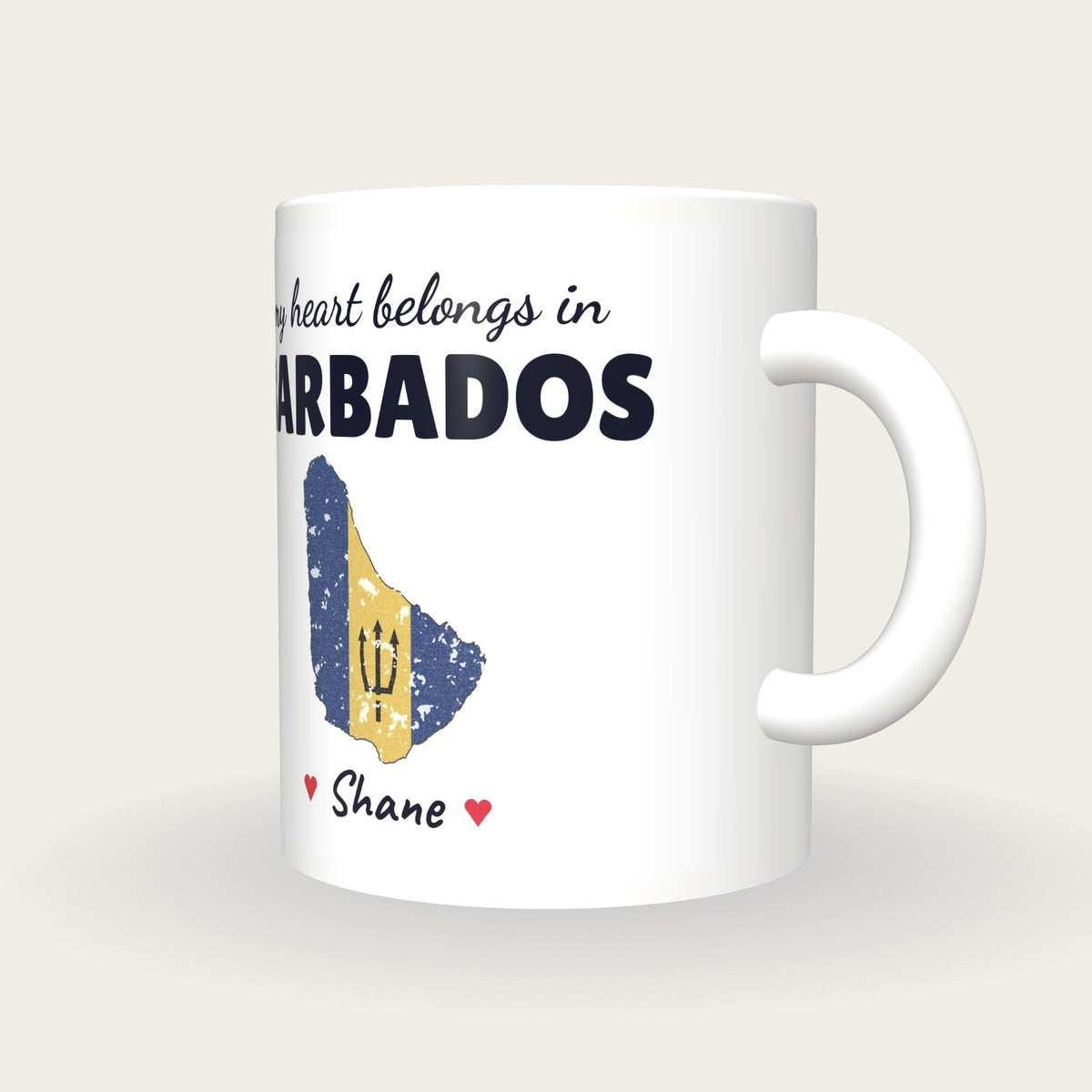 Personalised Barbados Map Mug, My Heart Belongs In Barbados, three-quarter view