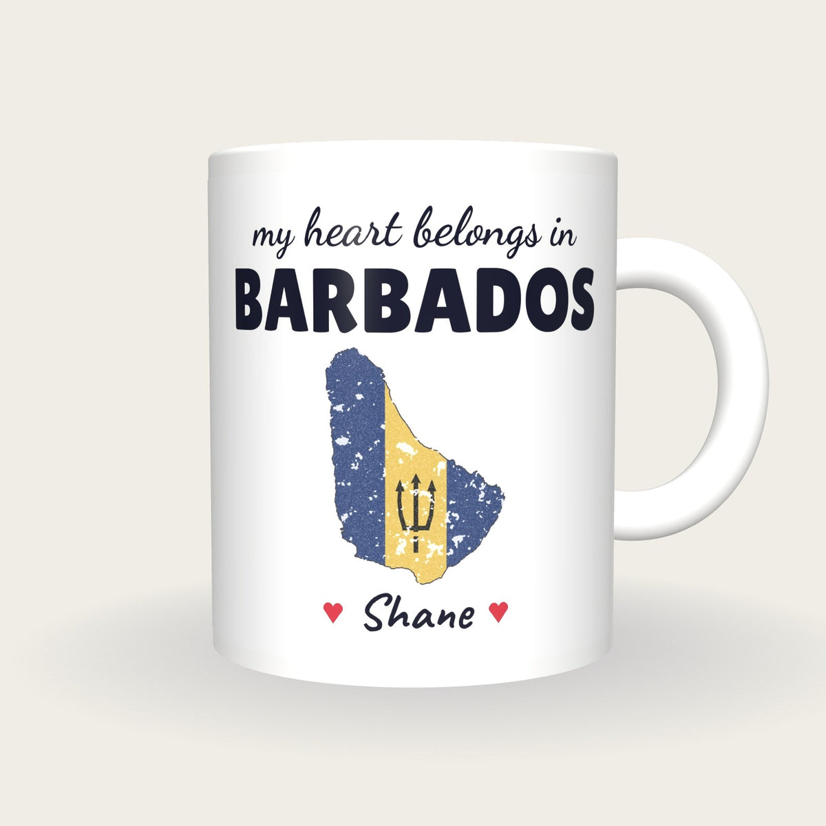 Personalised Barbados Map Mug, My Heart Belongs In Barbados, front