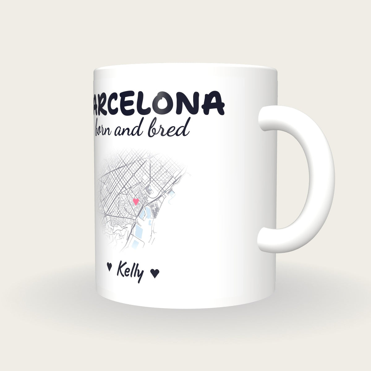 Personalised Barcelona Map Mug, Barcelona Born And Bred, three-quarter view