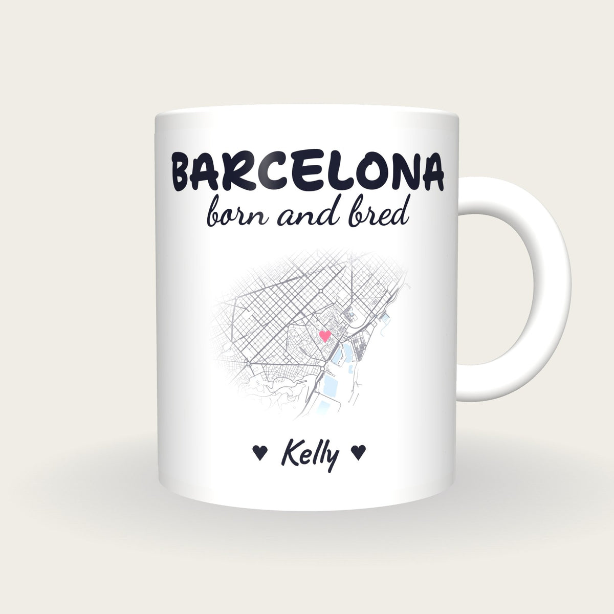Personalised Barcelona Map Mug, Barcelona Born And Bred, front