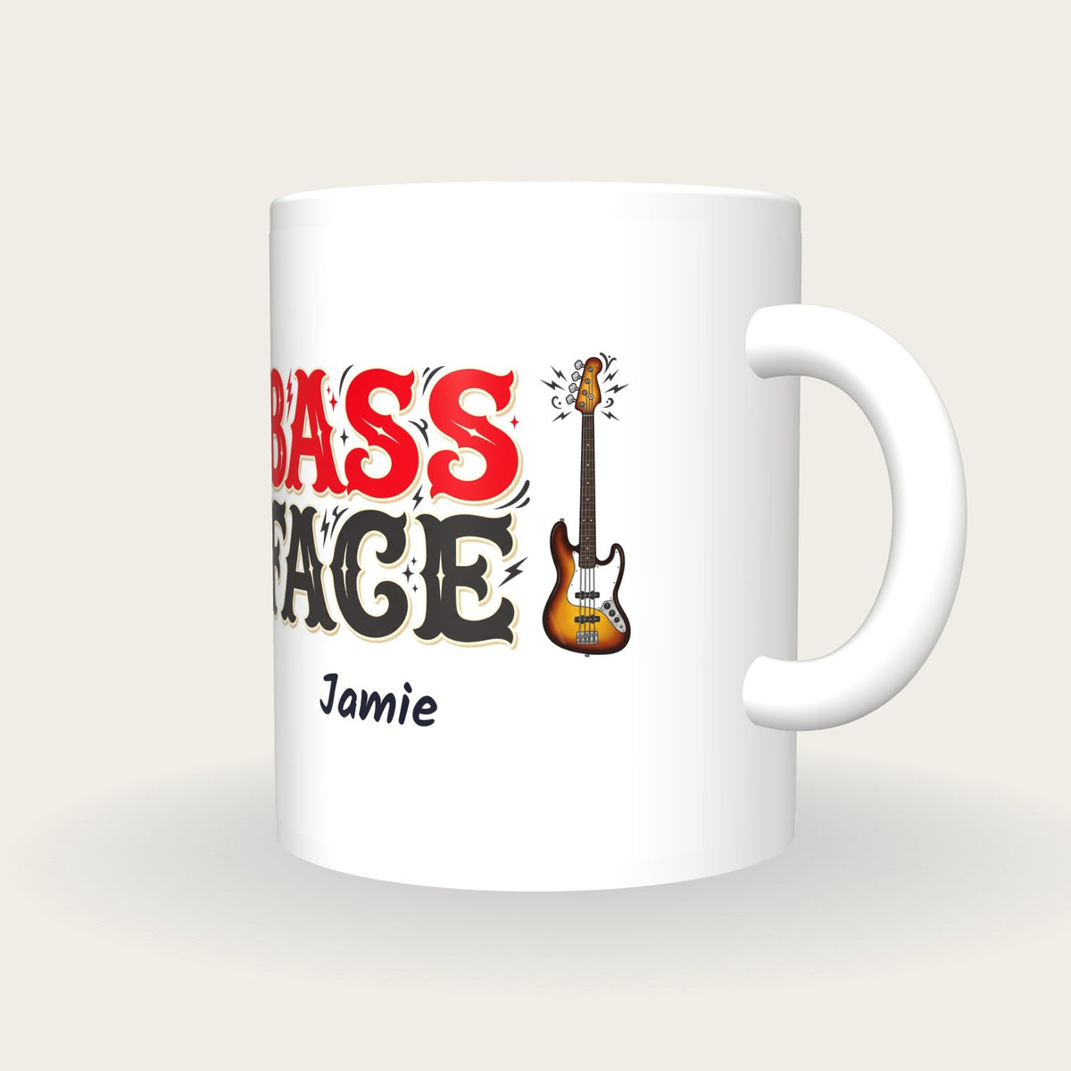 Personalised Bass Face Bass Guitar Mug, three-quarter view