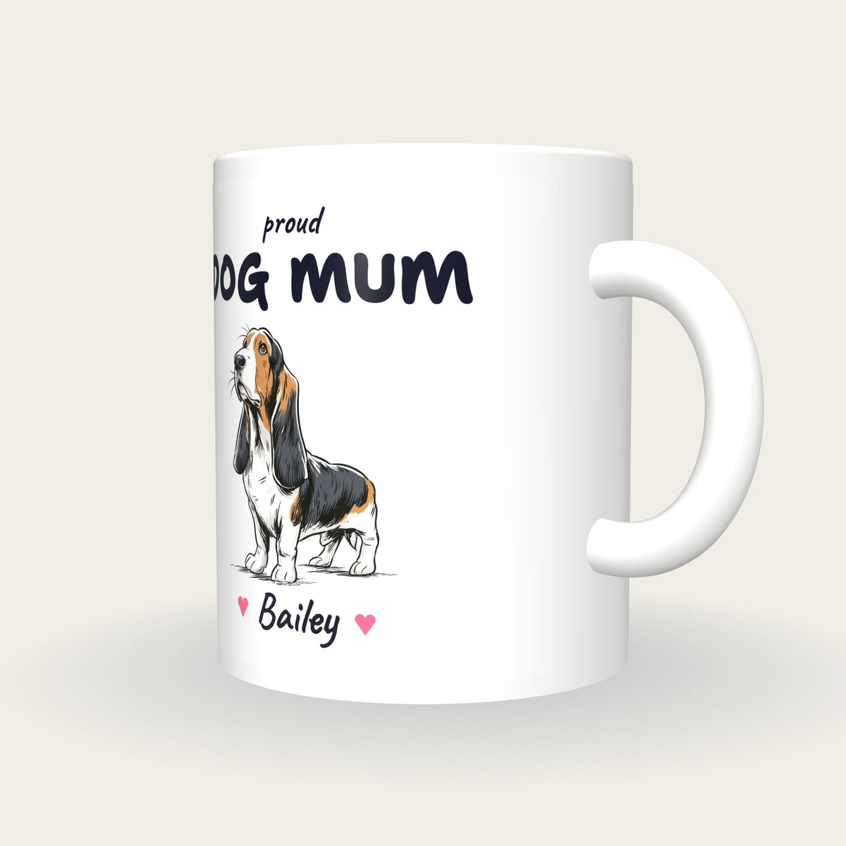 Personalised Basset Hound Dog Mum Mug, three-quarter view