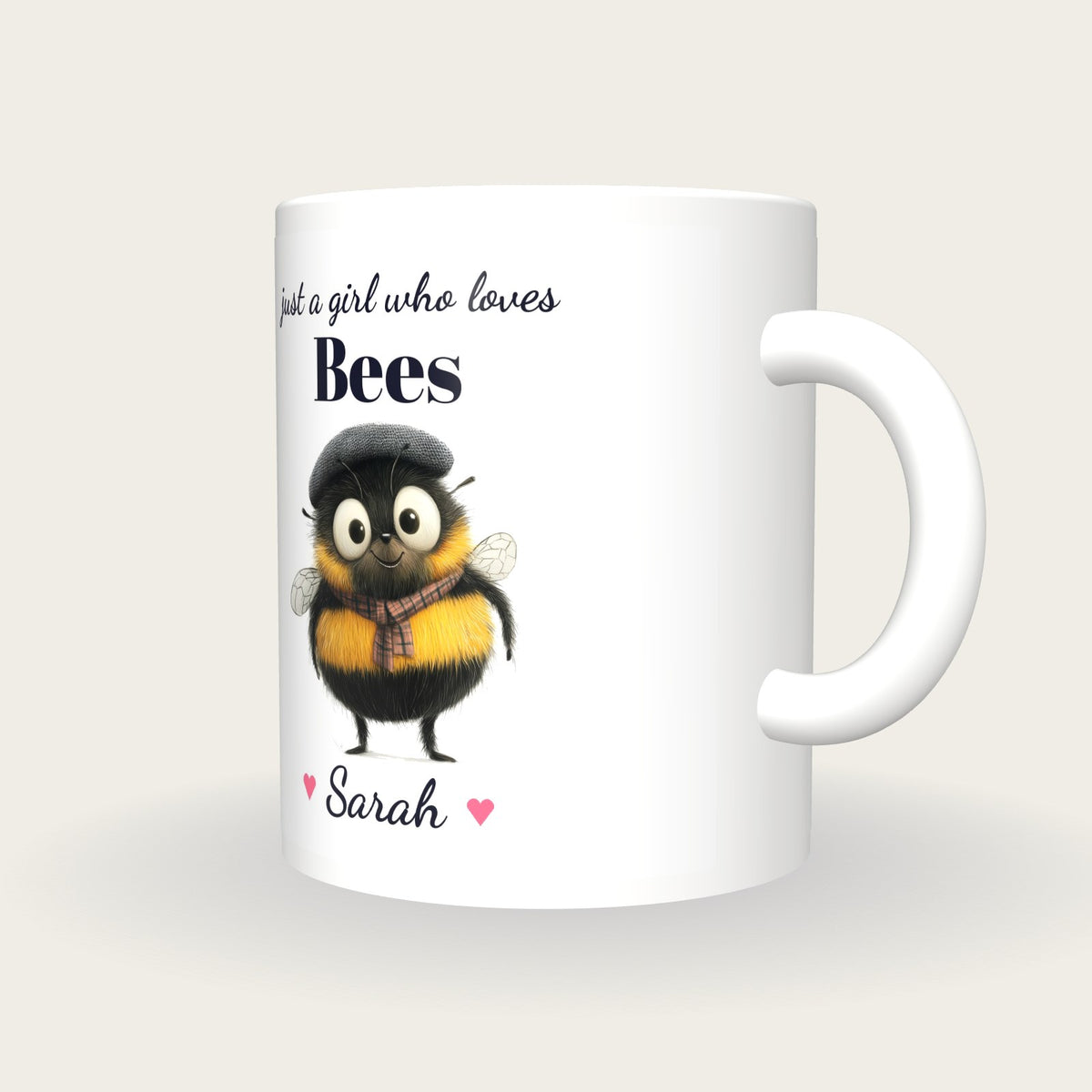 Personalised Bee Mug, Just A Girl Who Loves Bees, three-quarter view