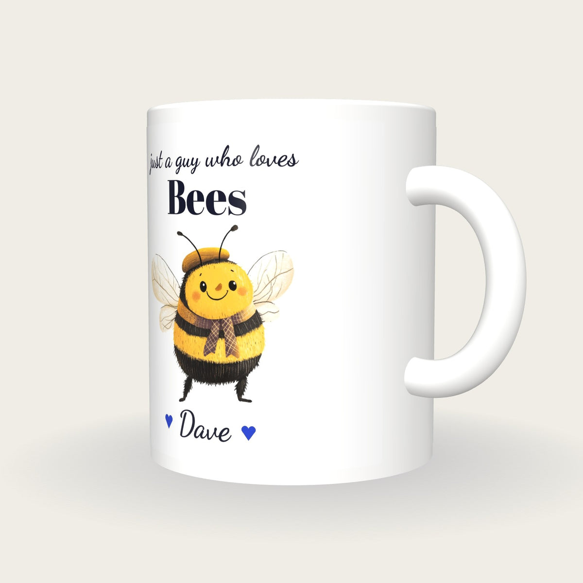 Personalised Bee Mug, Just A Guy Who Loves Bees, three-quarter view