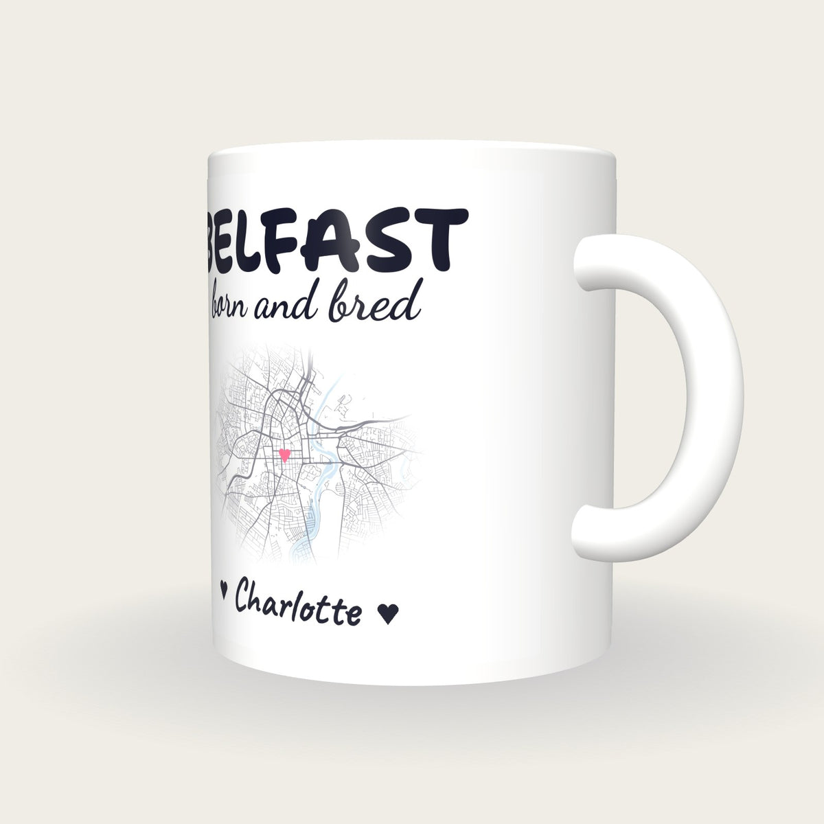 Personalised Belfast Map Mug, Belfast Born And Bred, three-quarter view