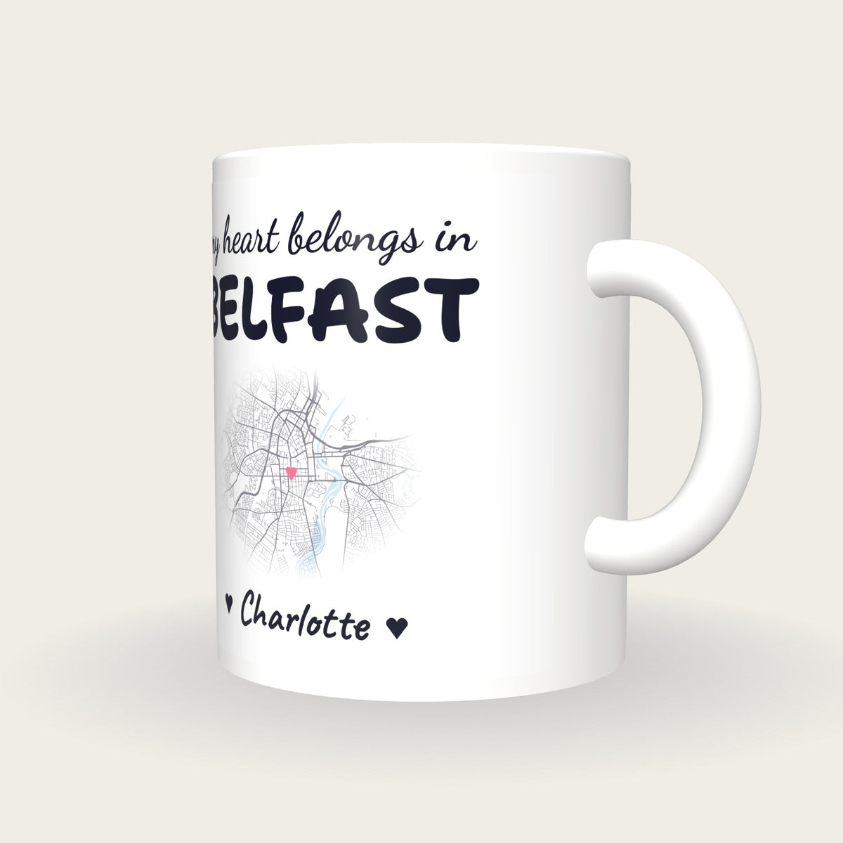 Personalised Belfast Map Mug, My Heart Belongs In Belfast, three-quarter view