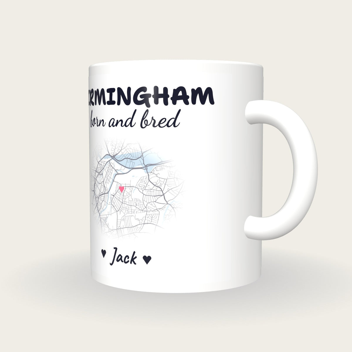 Personalised Birmingham Map Mug, Birmingham Born And Bred, three-quarter view