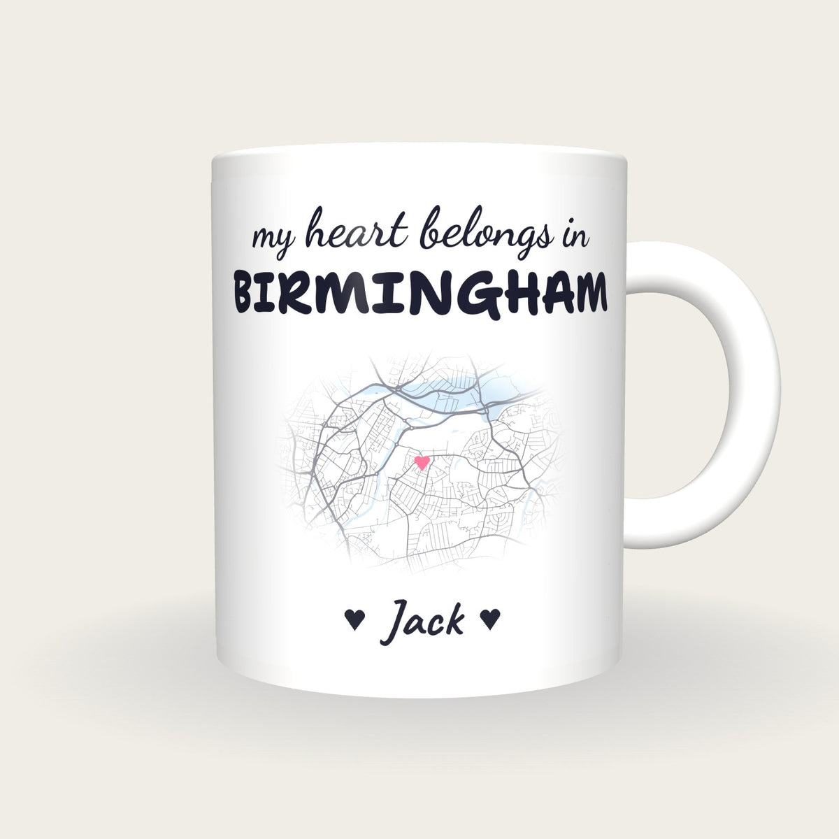 Personalised Birmingham Map Mug, My Heart Belongs In Birmingham, front