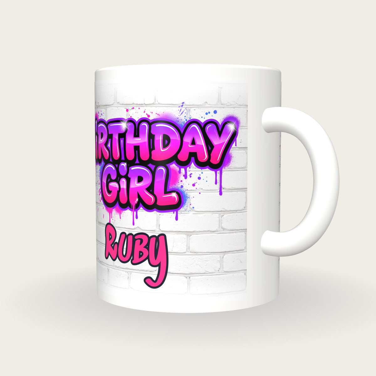 Personalised Birthday Girl Graffiti Mug, three-quarter view