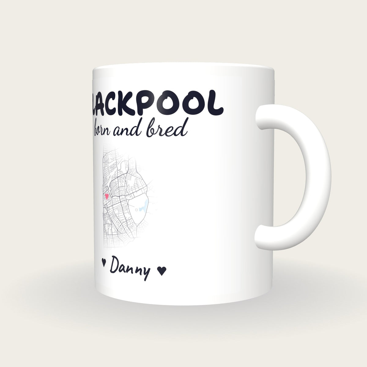 Personalised Blackpool Map Mug, Blackpool Born And Bred, three-quarter view