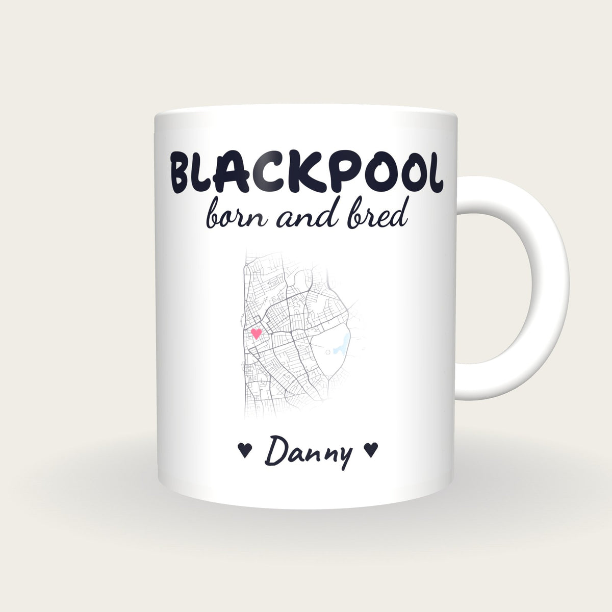Personalised Blackpool Map Mug, Blackpool Born And Bred, front