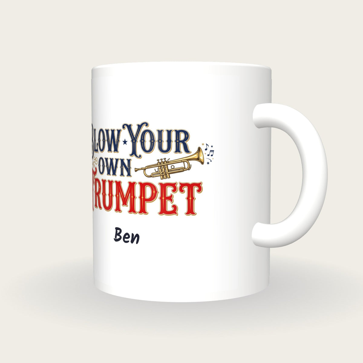 Personalised Blow Your Own Trumpet Mug, three-quarter view