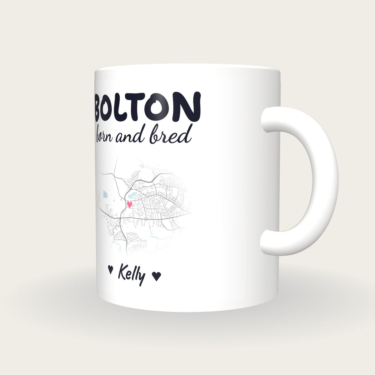 Personalised Bolton Map Mug, Bolton Born And Bred, three-quarter view