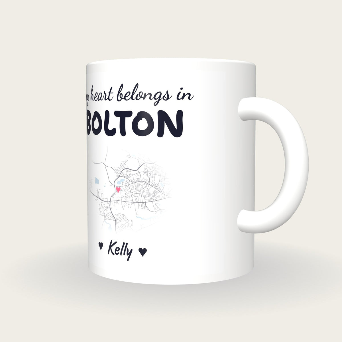 Personalised Bolton Map Mug, My Heart Belongs In Bolton, three-quarter view