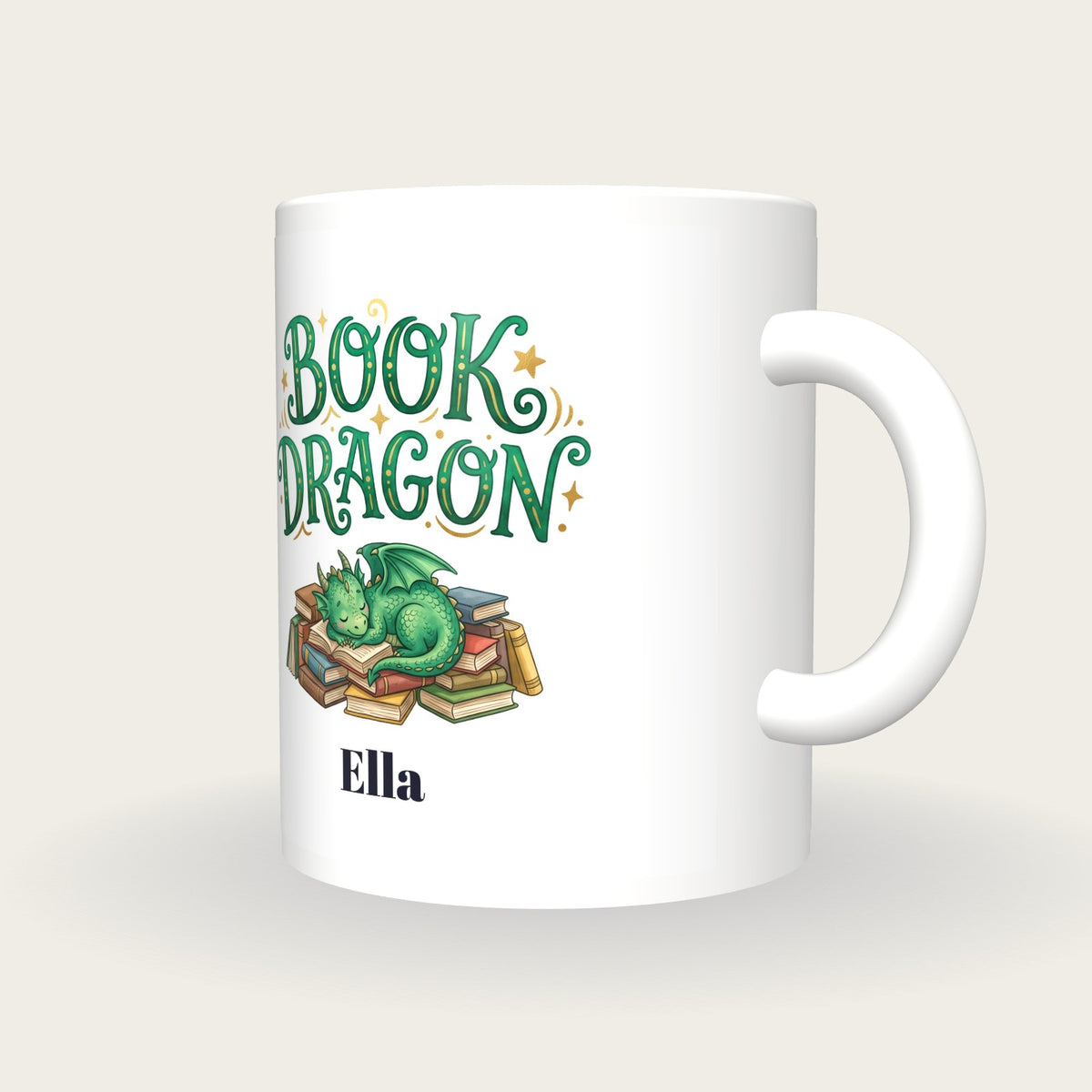 Personalised Book Dragon Mug, three-quarter view