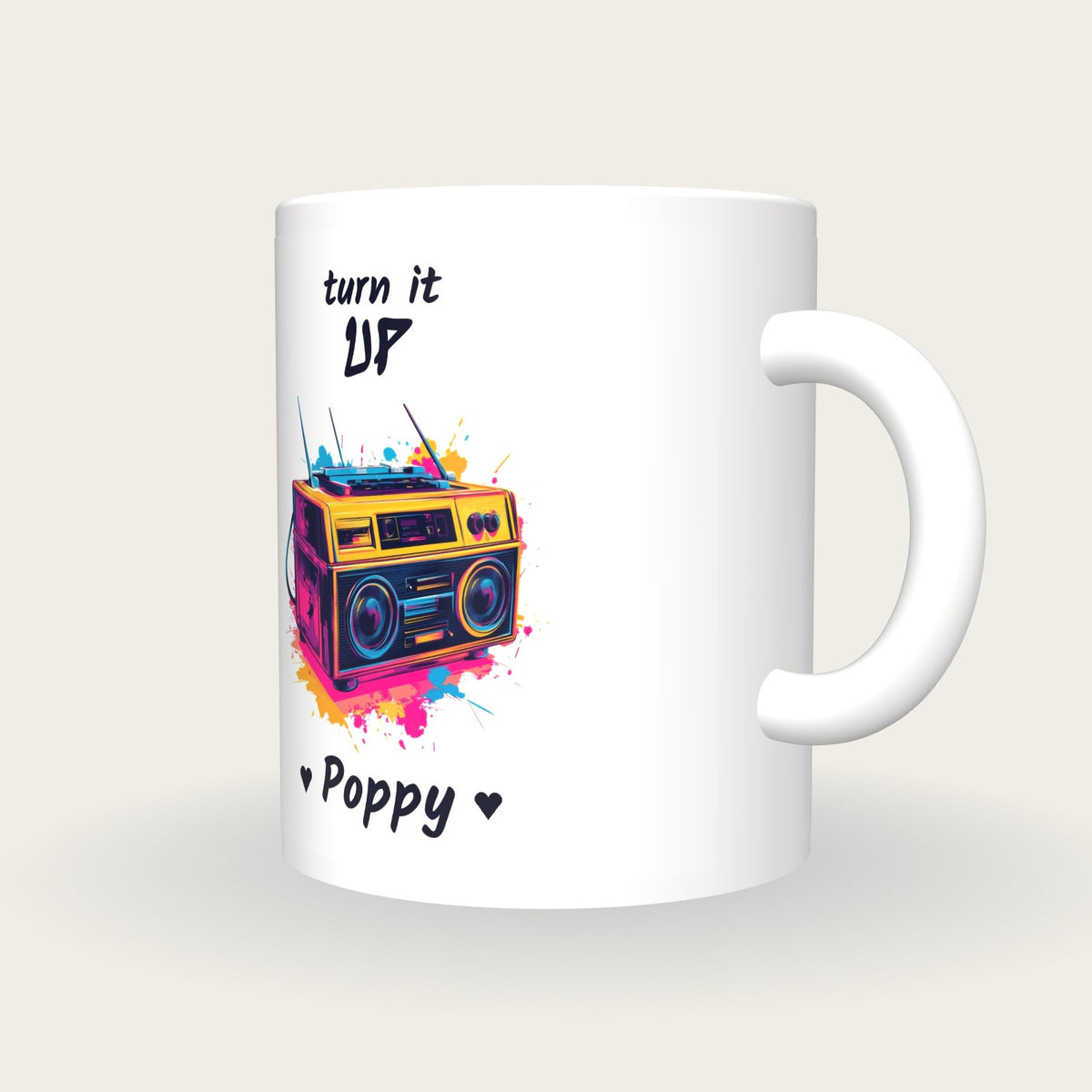 Personalised Boombox Mug, Turn It Up, three-quarter view