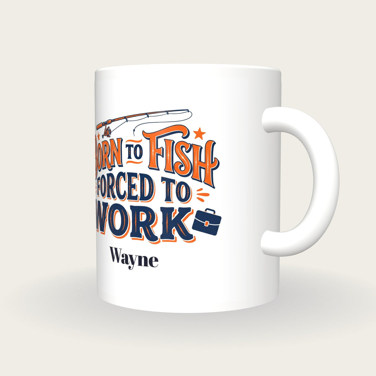 Personalised Born To Fish Forced To Work Mug, three-quarter view