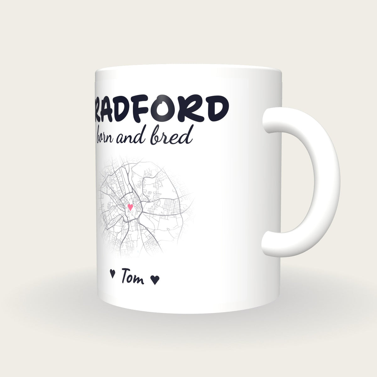 Personalised Bradford Map Mug, Bradford Born And Bred, three-quarter view