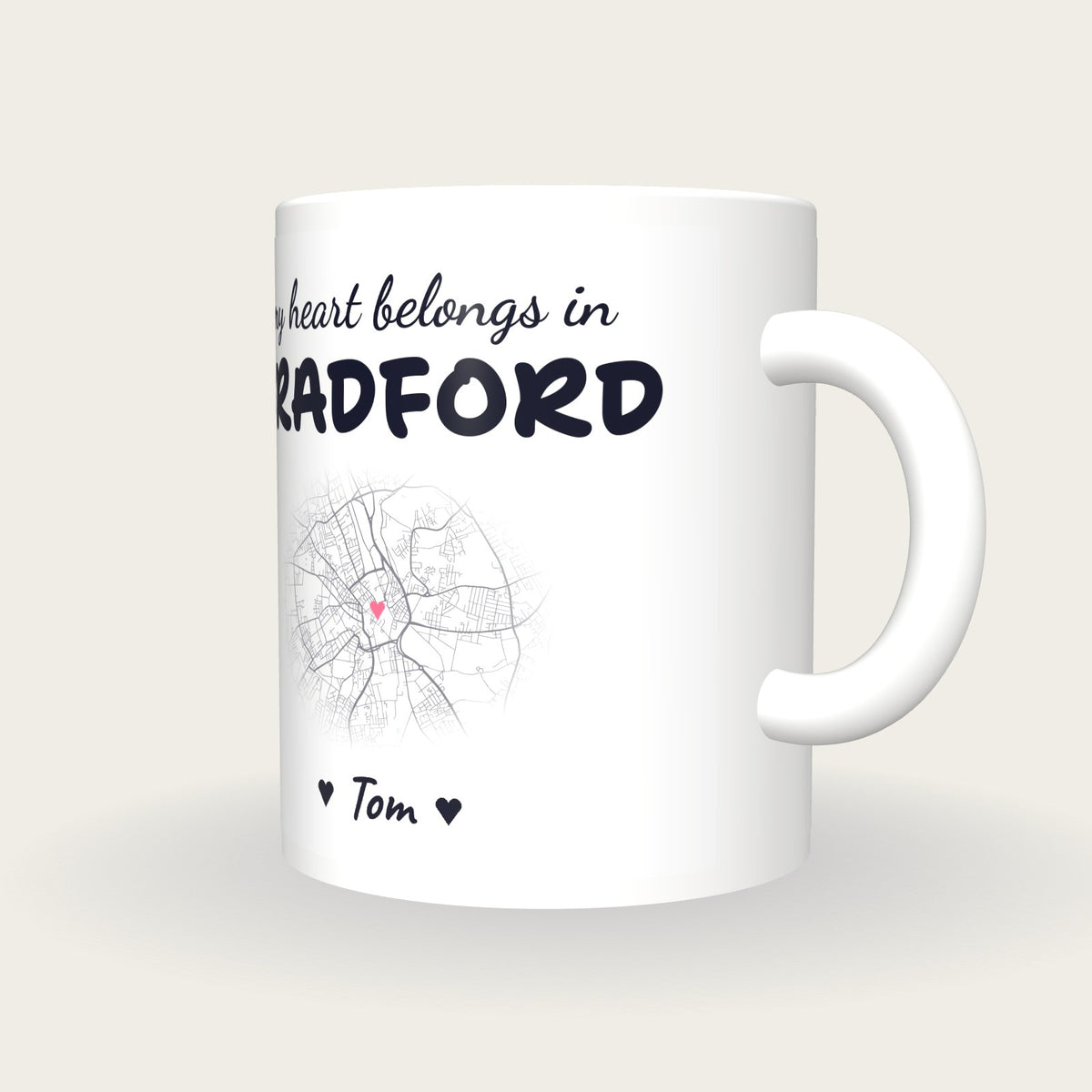 Personalised Bradford Map Mug, My Heart Belongs In Bradford, three-quarter view