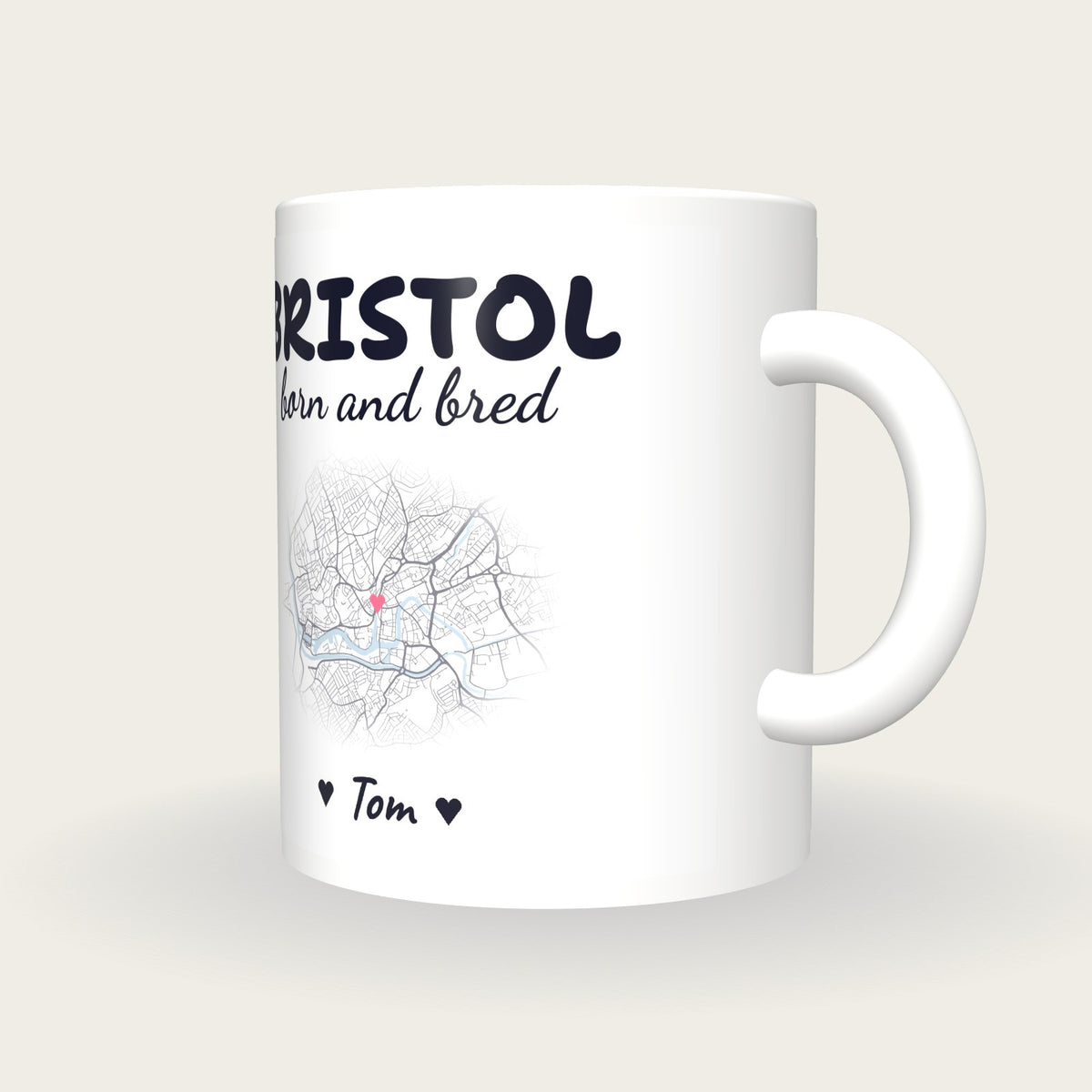Personalised Bristol Map Mug, Bristol Born And Bred, three-quarter view