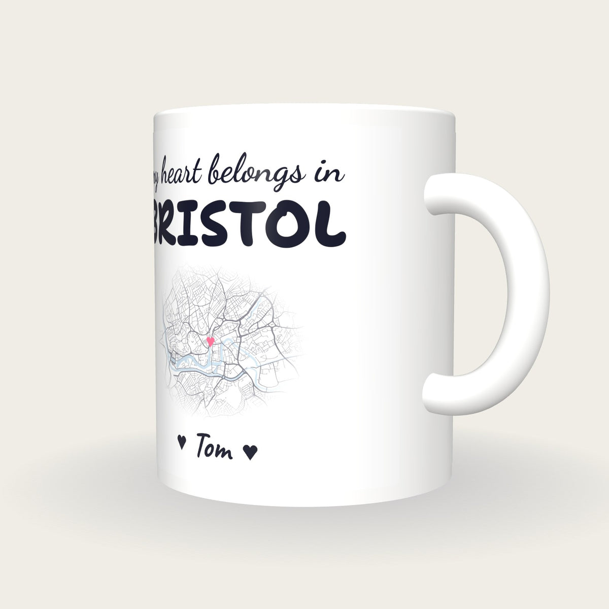 Personalised Bristol Map Mug, My Heart Belongs In Bristol, three-quarter view