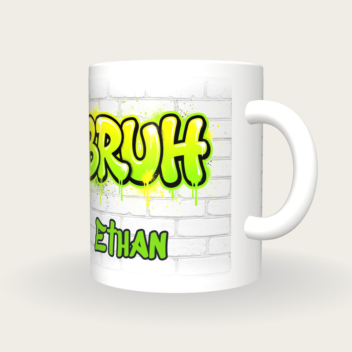 Personalised Bruh Graffiti Mug, three-quarter view