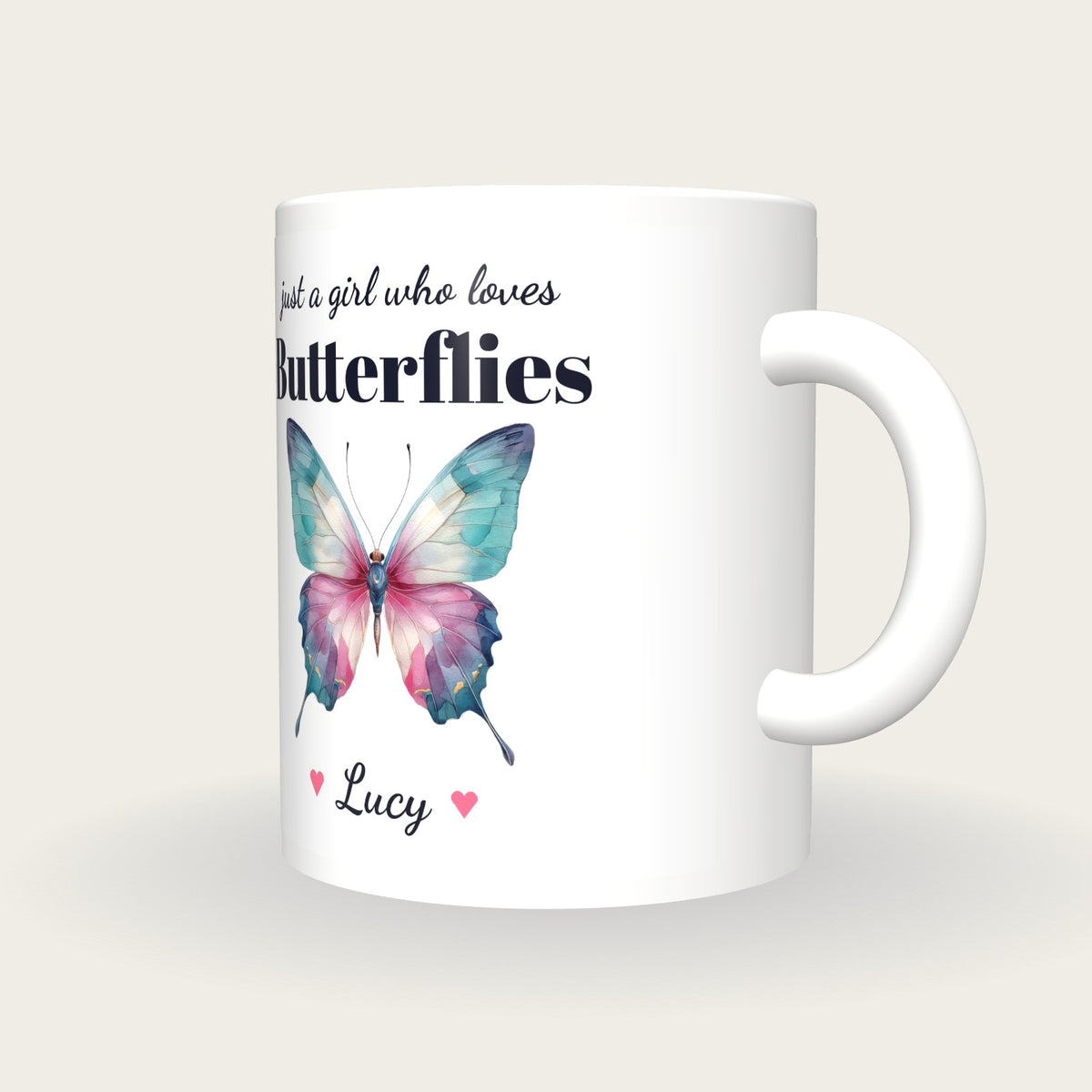 Personalised Butterfly Mug, Just A Girl Who Loves Butterflies, three-quarter view