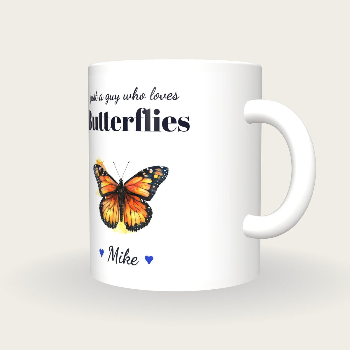 Personalised Butterfly Mug, Just A Guy Who Loves Butterflies, three-quarter view