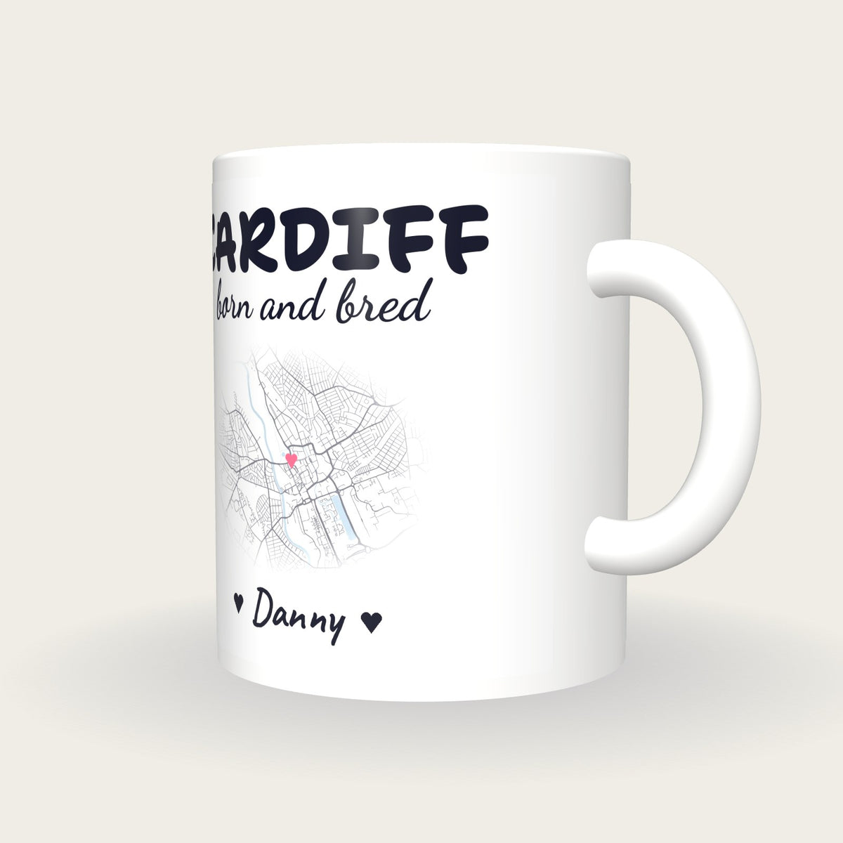 Personalised Cardiff Map Mug, Cardiff Born And Bred, three-quarter view