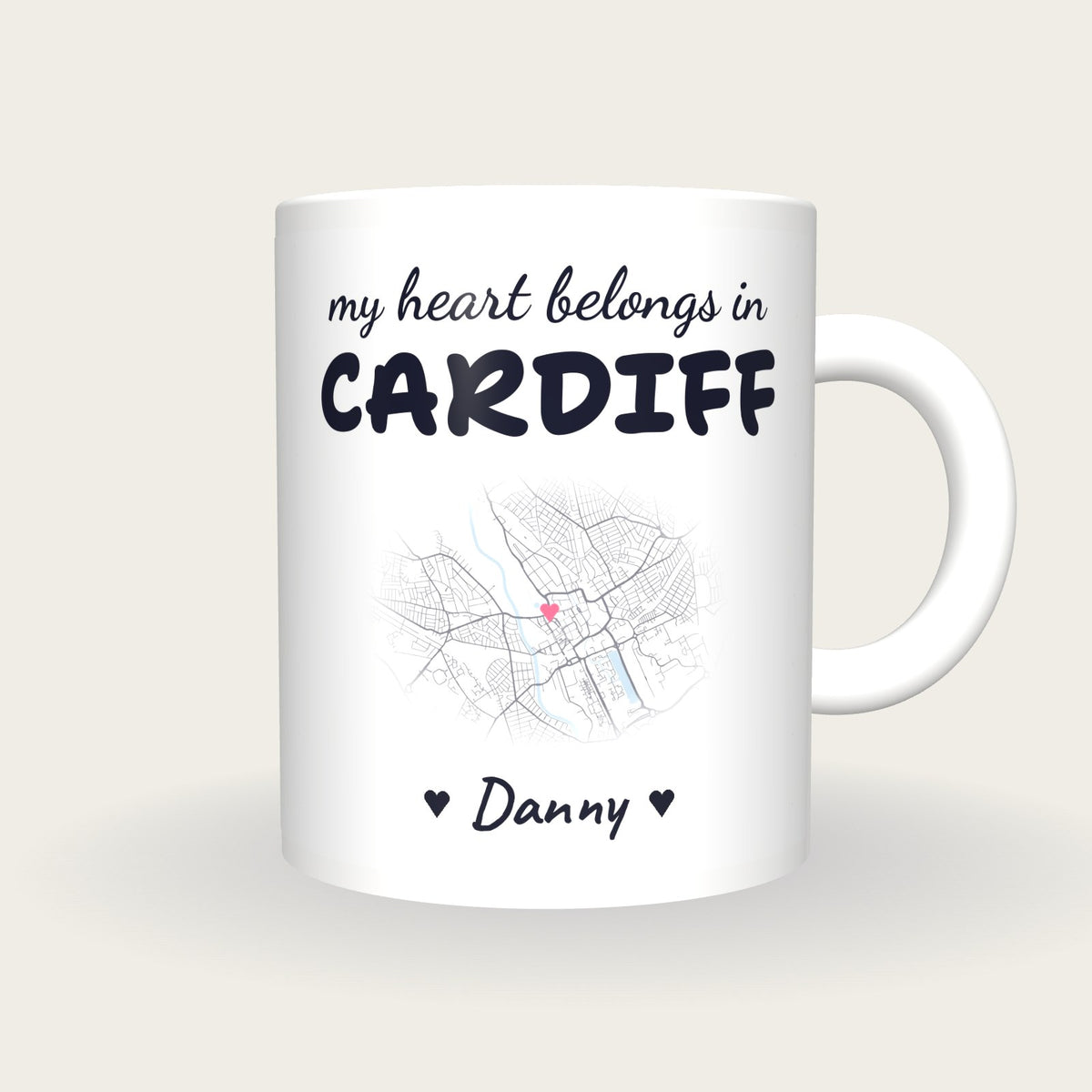 Personalised Cardiff Map Mug, My Heart Belongs In Cardiff, front