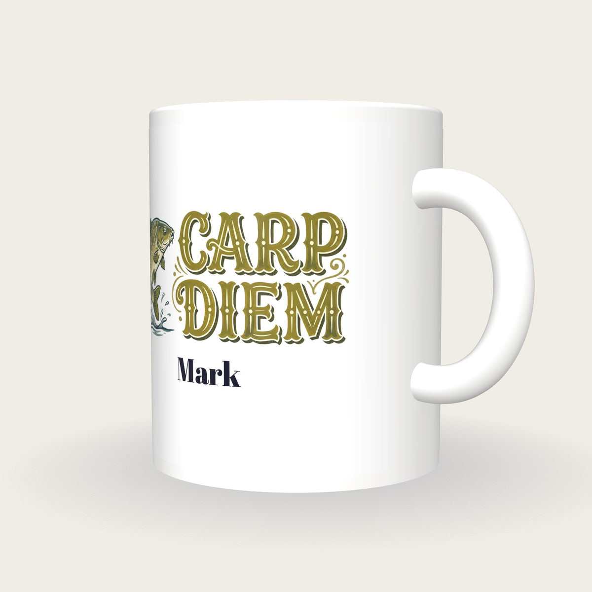 Personalised Carp Diem Fishing Mug, three-quarter view