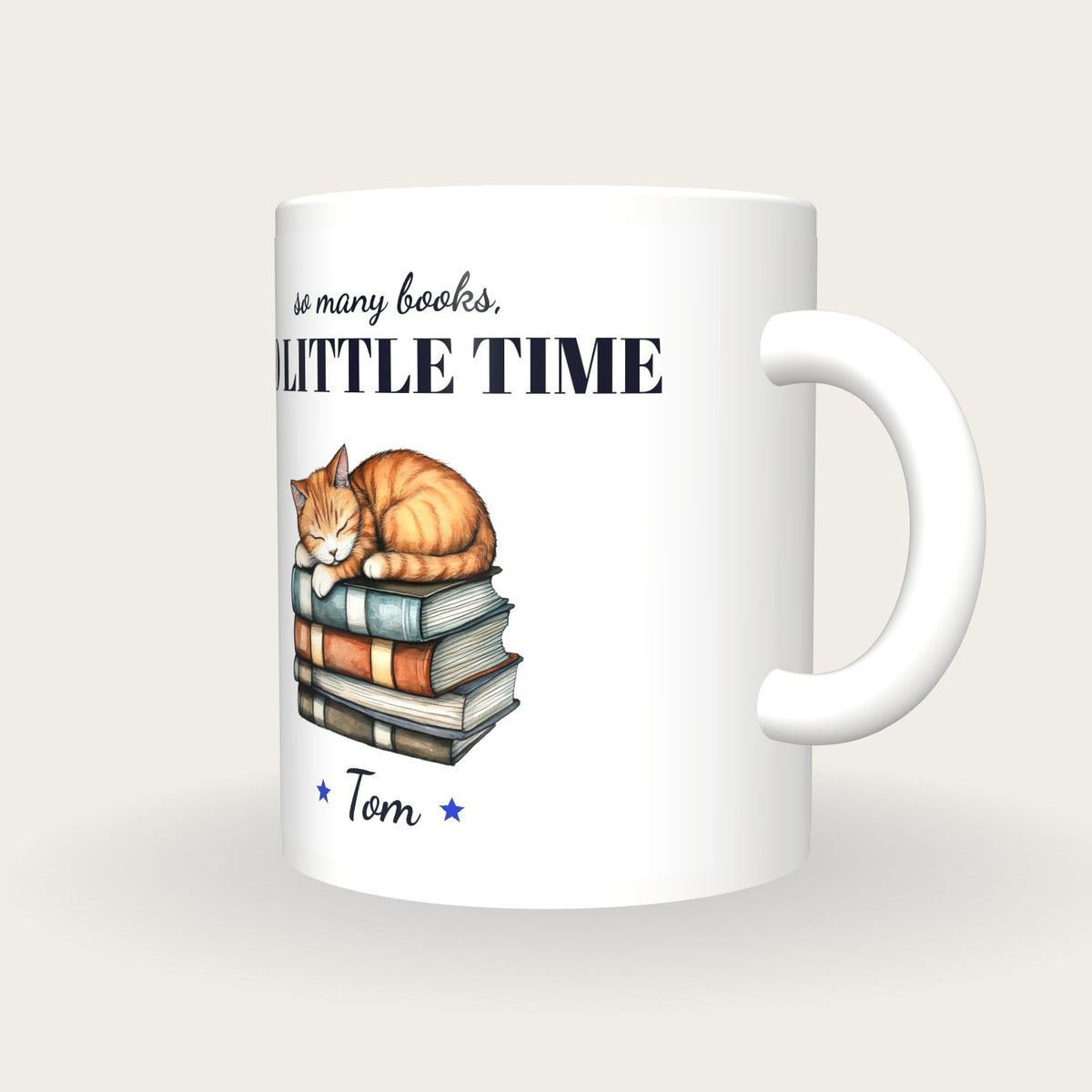 Personalised Cat Asleep On Books Mug, So Many Books So Little Time, three-quarter view