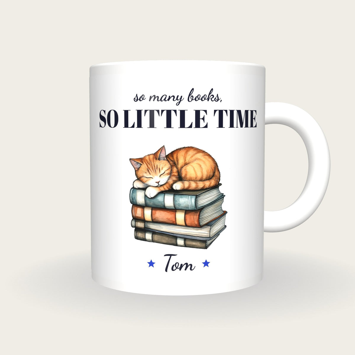 Personalised Cat Asleep On Books Mug, So Many Books So Little Time, front