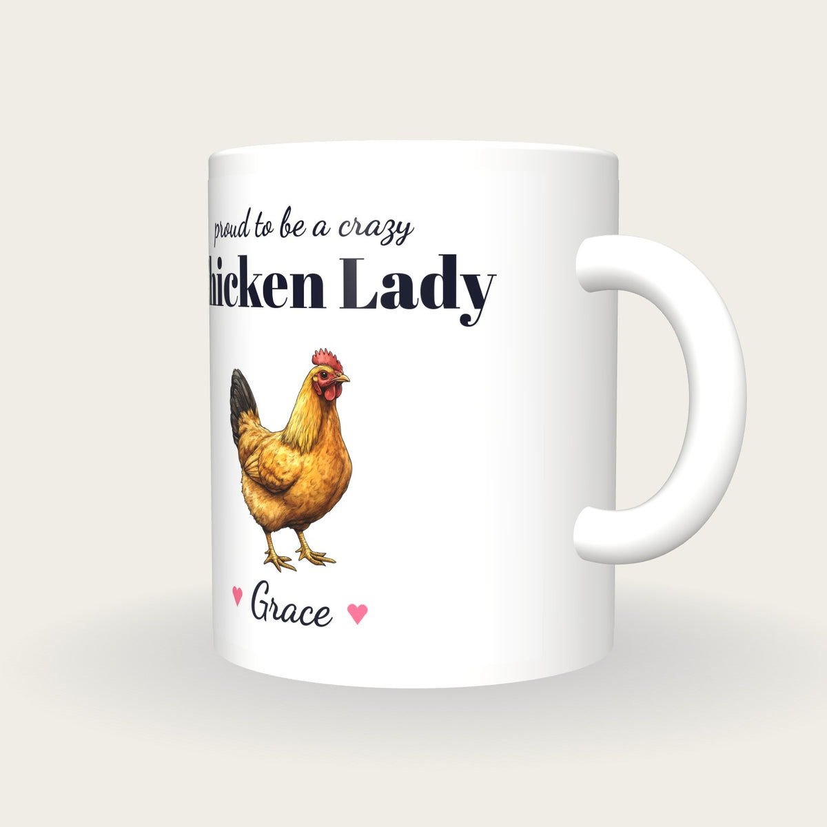 Personalised Chicken Mug, Crazy Chicken Lady, three-quarter view