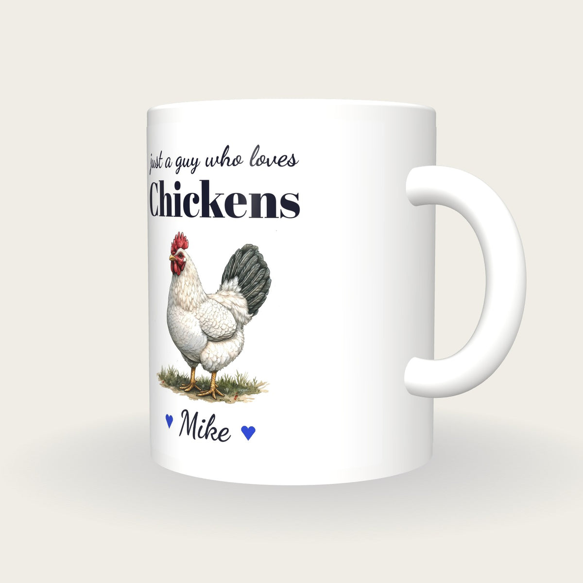 Personalised Chicken Mug, Just A Guy Who Loves Chickens, three-quarter view